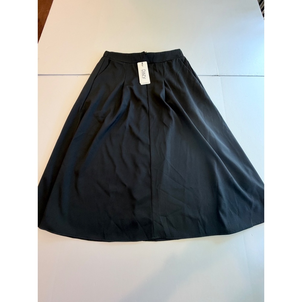 Dazy Black A-Line Midi Skirt Pleated High Waist Pockets XL Solid Minimalist